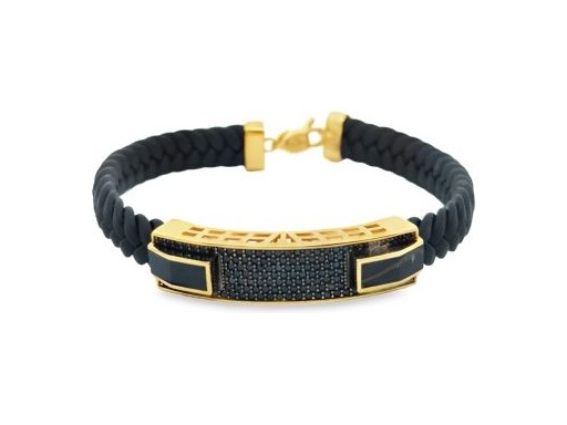 Black Braided Leather Bracelet with 18K Yellow Gold, Onyx, and Black Pavé Stones